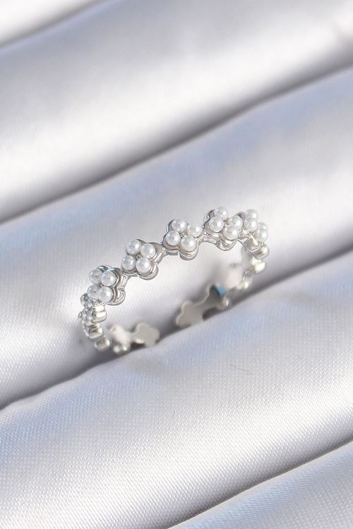 YRTCL Pirinç Gümüş Renk İncili Yonca Model Kadın Yüzük