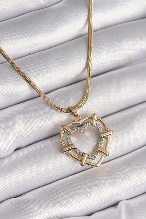 YRTCL 316L Çelik Gold Renk İtalyan Zincir Mix Renk Zirkon Taşlı Kalp Model Kadın Kolye