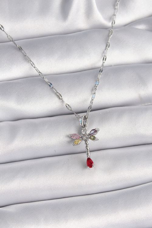 YRTCL 316L Çelik Gümüş Renk Zincir Renkli Zirkon Taşlı Yusufçuk Model Kadın Kolye