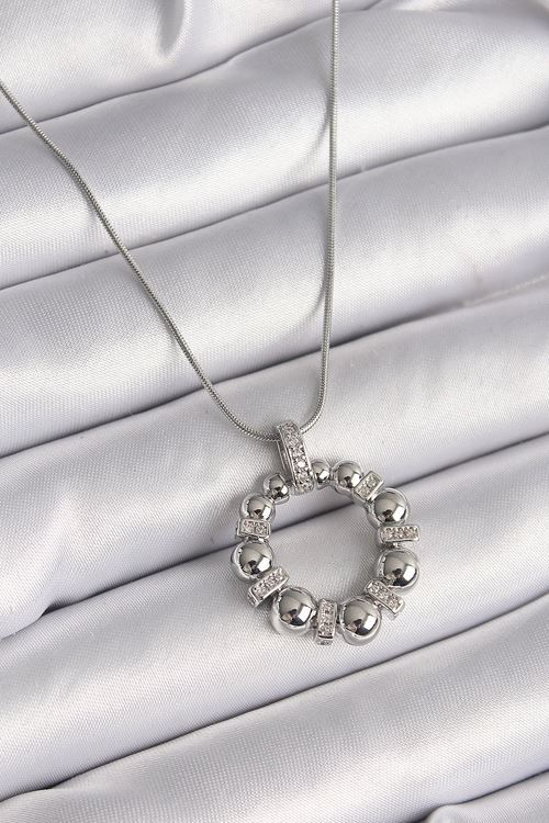 YRTCL 316L Çelik Gümüş Renk Zincir Zirkon Taş Detaylı Bombeli Halka Model Kadın Kolye