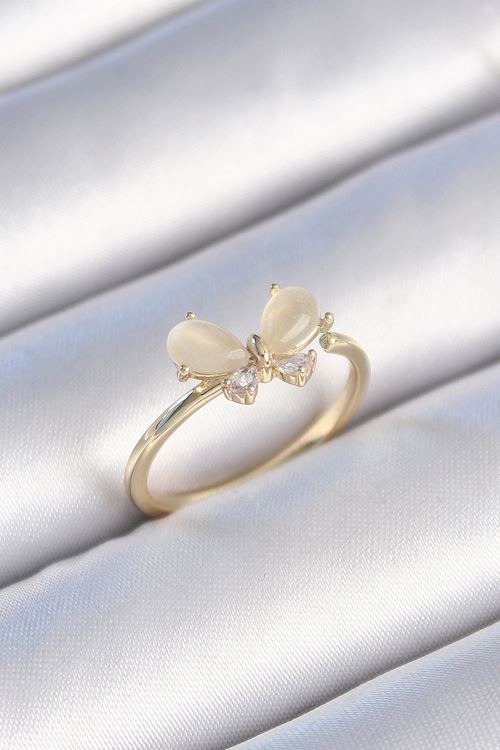 YRTCL Pirinç Gold Renk Beyaz Mineli Zirkon Taşlı Kelebek Model Kadın Yüzük