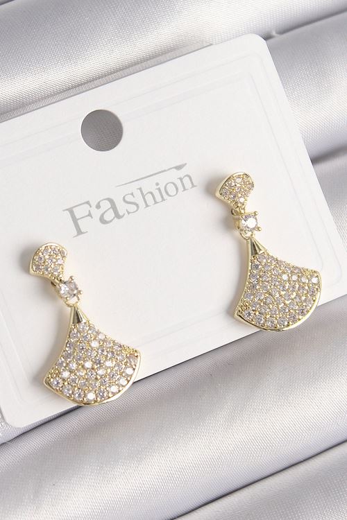 YRTCL Pirinç Gold Renk Zirkon Taşlı Motif Model Kadın Küpe