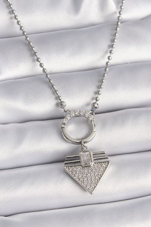 YRTCL 316L Çelik Gümüş Renk Topçuk Zincir Zirkon Taşlı Üçgen Model Kadın Kolye
