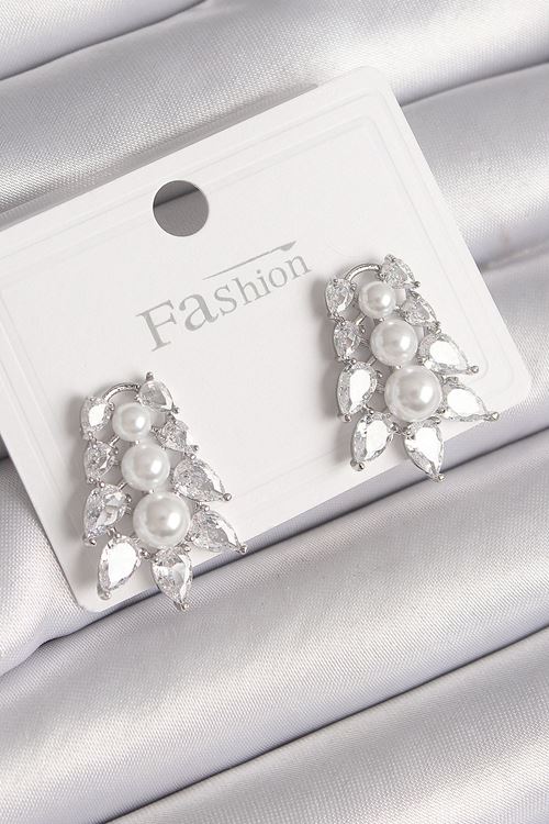 YRTCL Pirinç Gümüş Renk Zirkon Taşlı Yaprak Model İnci Detay Kadın Küpe