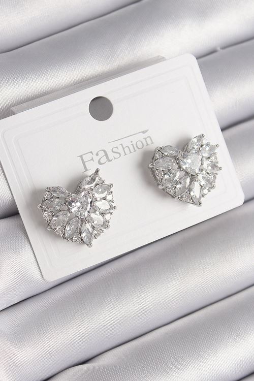 YRTCL Pirinç Gümüş Renk Zirkon Taşlı Kalp Model Kadın Küpe