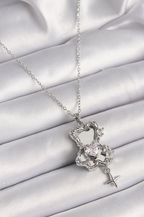 YRTCL 316L Çelik Gümüş Renk Ayna Ayıcık Model Zirkon Taşlı Kalp Detay Kadın Kolye