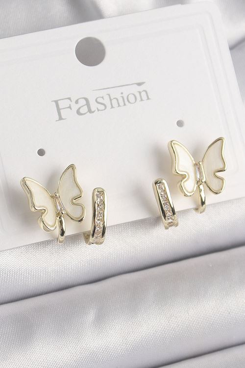 YRTCL Pirinç Gümüş Renk Zirkon Taş Detaylı Beyaz Sedefli Kelebek Model Kadın Küpe