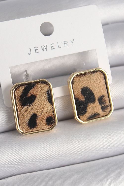 YRTCL Pirinç Gold Renk Kare Leopar Desen Model Kadın Küpe