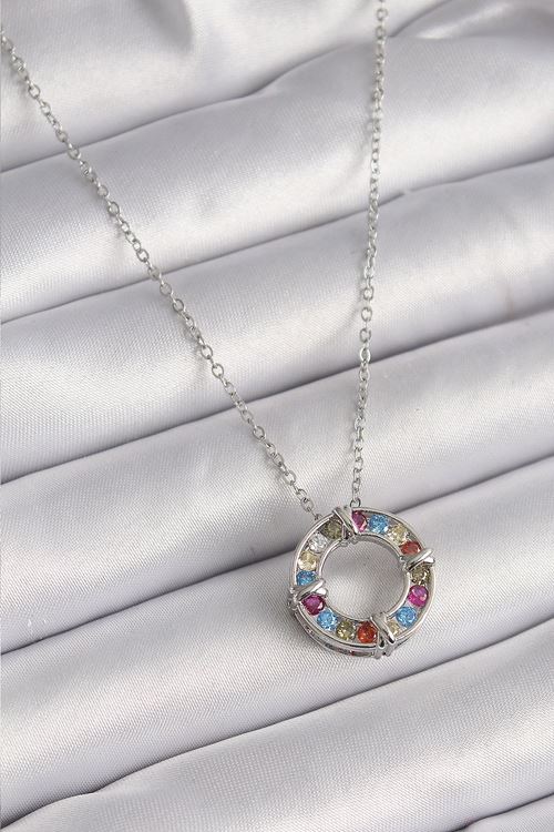 YRTCL 316L Çelik Gümüş Renk Zincir Renkli Zirkon Taşlı Xoxo Model Kadın Kolye