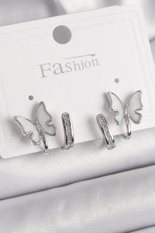 YRTCL Pirinç Gümüş Renk Zirkon Taş Detaylı Beyaz Sedefli Kelebek Model Kadın Küpe