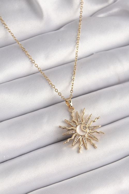 YRTCL 316L Çelik Gold Renk Zincir Renkli Zirkon Taşlı Sedefli Ay İşleme Detay Kadın Kolye