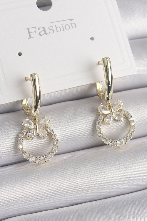 YRTCL Pirinç Gold Renk Zirkon Taşlı Kelebek Figür Sallantı Model Kadın Küpe