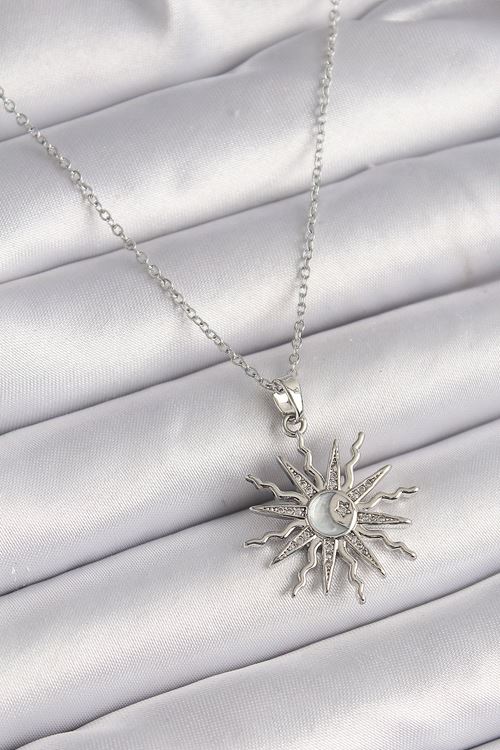 YRTCL 316L Çelik Gümüş Renk Zincir Zirkon Taşlı Güneş Model Sedefli Ay İşleme Detay Kadın Kolye