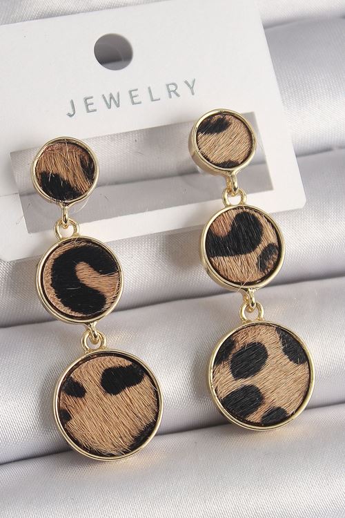 YRTCL Pirinç Gold Renk 3'Lü Leopar Desenli Sallantı Daire Plaka Model Kadın Küpe