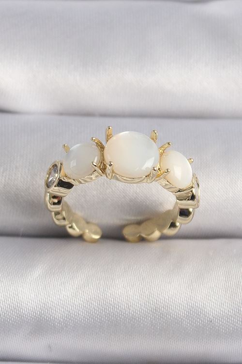 YRTCL Pirinç Gold Renk Zirkon Taş Detaylı Beyaz Sedefli VIP Seri Kadın Yüzük