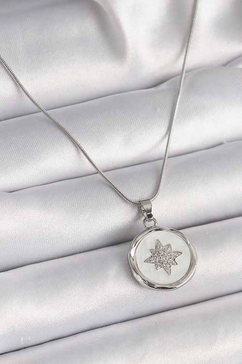 YRTCL 316L Çelik Gümüş Renk Zincir Beyaz Sedefli Zirkon Taşlı Yıldız İşleme Model Kadın Kolye