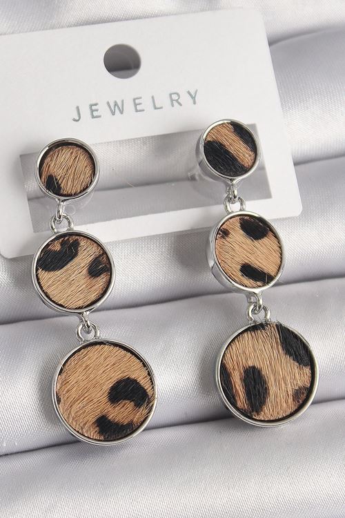 YRTCL Pirinç Gümüş Renk 3'Lü Daire Plaka Leopar Desenli Kadın Küpe