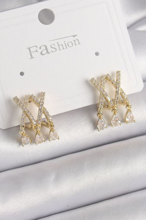 YRTCL Pirinç Gold Renk Zirkon Taşlı X Model Sallantı Detay Kadın Küpe