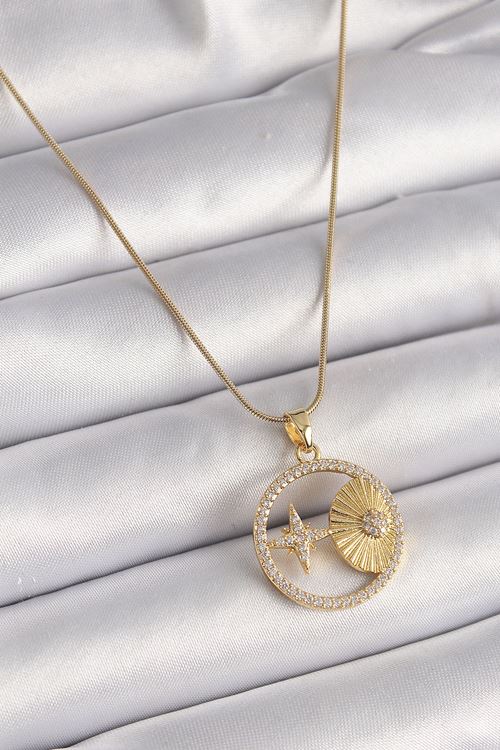 YRTCL 316L Çelik Gold Renk Zincir Zirkon Taşlı Yıldız İşleme Madalyon Model Kadın Kolye