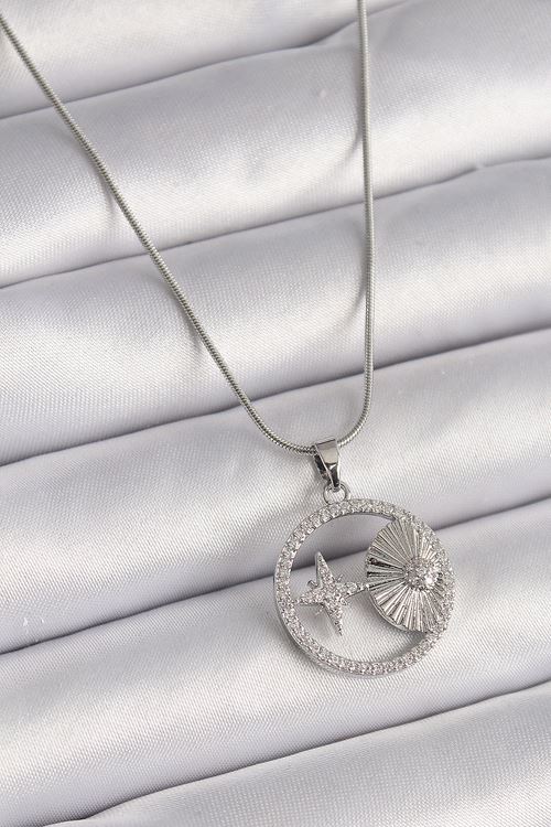 YRTCL 316L Çelik Gümüş Renk Zincir Zirkon Taşlı Yıldız Madalyon Model Kadın Kolye