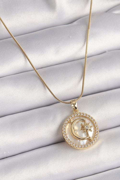 YRTCL 316L Çelik Gold Renk Zincir Zirkon Taş Detaylı Beyaz Sedefli Ay Yıldız Model Kadın Kolye