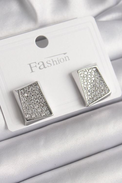 YRTCL Pirinç Gümüş Renk Zirkon Taşlı Plaka Model Kadın Küpe