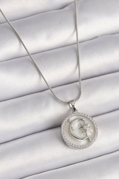 YRTCL 316L Çelik Gümüş Renk Zincir Zirkon Taş Detaylı Beyaz Sedefli Ay Yıldız İşleme Kadın Kolye