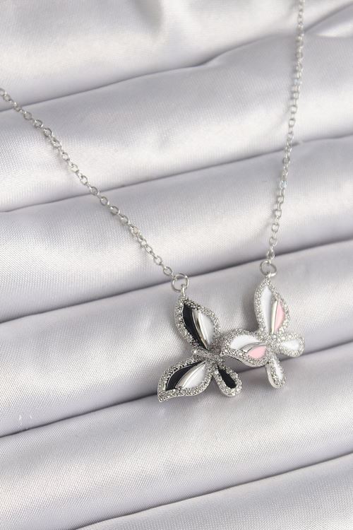 YRTCL 316L Çelik Gümüş Renk Zincir Zirkon Taşlı Renkli Kelebek Model Kadın Kolye