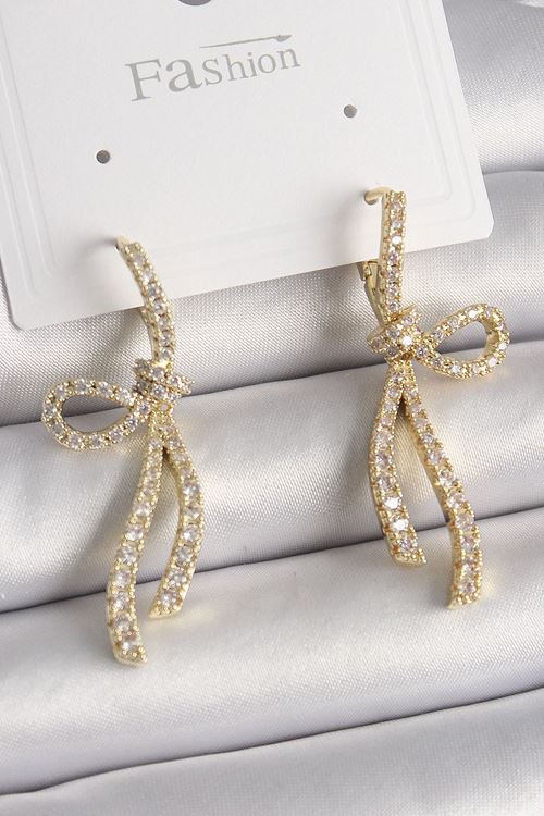 YRTCL Pirinç Gold Renk Zirkon Taşlı Kurdele Model Kadın Küpe