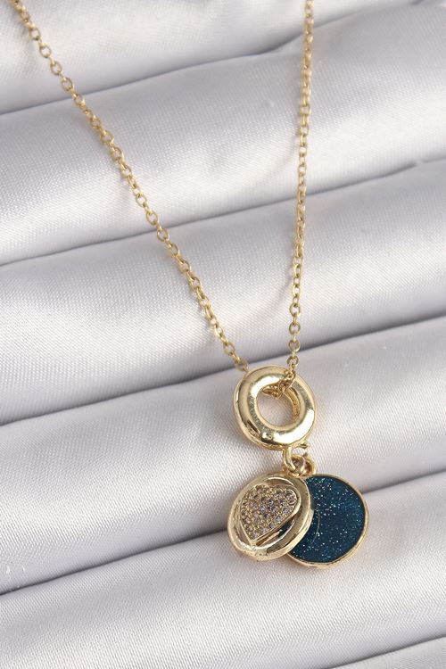 YRTCL 316L Çelik Gold Renk Zincir Zirkon Taşlı Kalp Model Mavi Simli Kadın Kolye