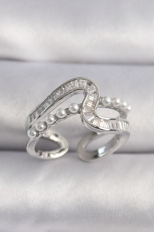 YRTCL Pirinç Gümüş Renk Zirkon Taşlı İnci Detay VIP Seri Kadın Yüzük