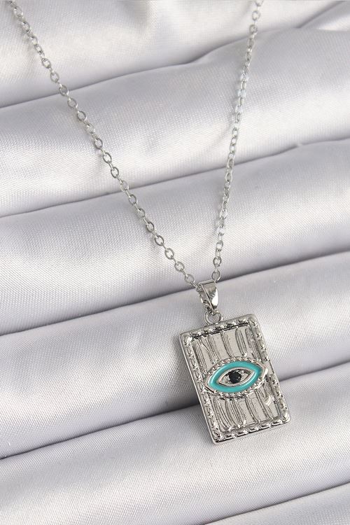 YRTCL 316L Çelik Gümüş Renk Zirkon Taşlı Göz İşleme Detaylı Plaka Model Kadın Kolye