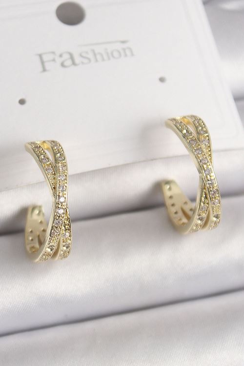 YRTCL Pirinç Gold Renk Zirkon Taşlı Sarmal Halka Model Kadın Küpe