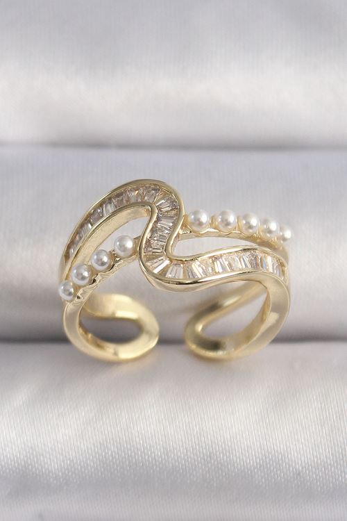 YRTCL Pirinç Gold Renk Zirkon Taşlı İnci Detay VIP Seri Kadın Yüzük