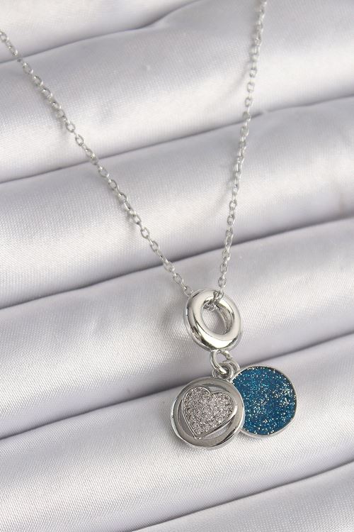 YRTCL 316L Çelik Gümüş Renk Zincir Zirkon Taşlı İşleme Mavi Simli Kadın Kolye