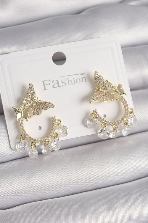 YRTCL Pirinç Gold Renk Zirkon Taşlı Sallantı Detay Kelebek Model Kadın Küpe