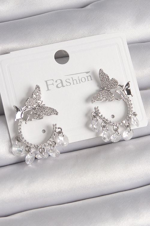 YRTCL Pirinç Gümüş Renk Zirkon Taşlı Sallantı Detay Kelebek Model Kadın Küpe