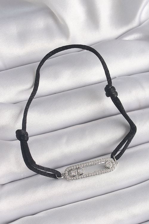 YRTCL Siyah Renk İpli Asansör Zirkon Taşlı Gümüş Messika Model Kadın Bileklik