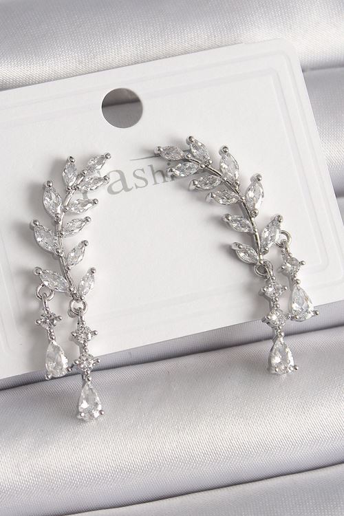 YRTCL Pirinç Gümüş Renk Zirkon Taşlı Başak Model Kadın Küpe