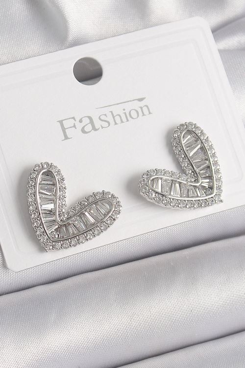 YRTCL Pirinç Gümüş Renk Zirkon Taşlı Kalp Model Kadın Küpe