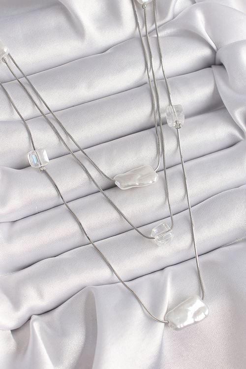 YRTCL Pirinç Gümüş Renk Ezme İnci Model Çoklu Kadın Kolye