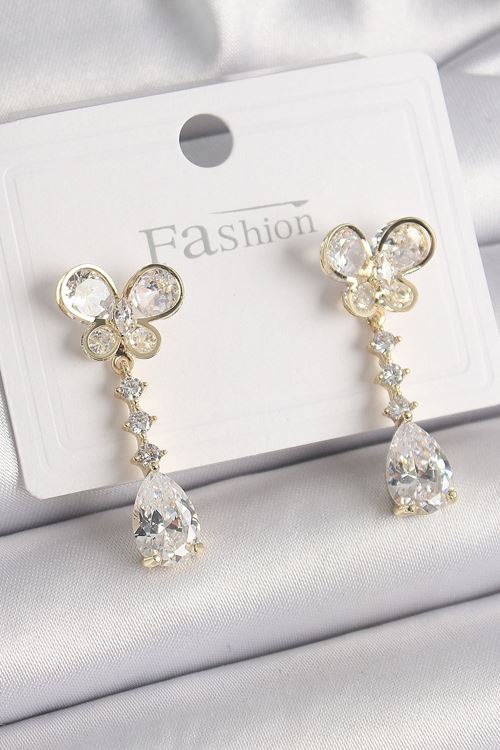 YRTCL Pirinç Gold Renk Zirkon Taşlı Kelebek Model Sallantı Damla Zirkon Taş Kadın Küpe