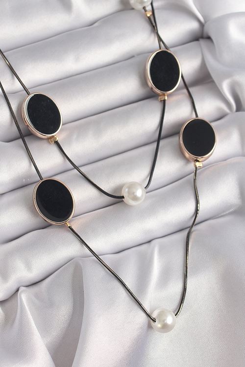 YRTCL Pirinç Siyah Renk Zincir İnci Detaylı Çoklu Kadın Kolye