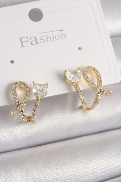 YRTCL Pirinç Gold Renk Düğüm Model Zirkon Taşlı Kalp Detay Kadın Küpe