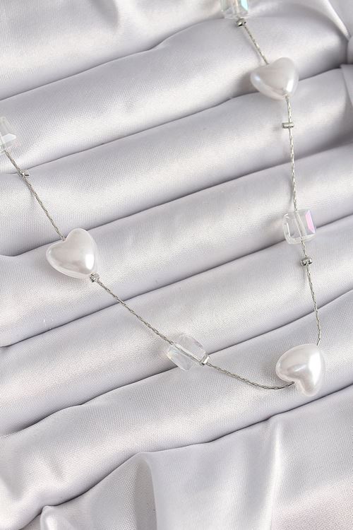 YRTCL Pirinç Gümüş Renk Beyaz İnci Kalp Model Kadın Kolye