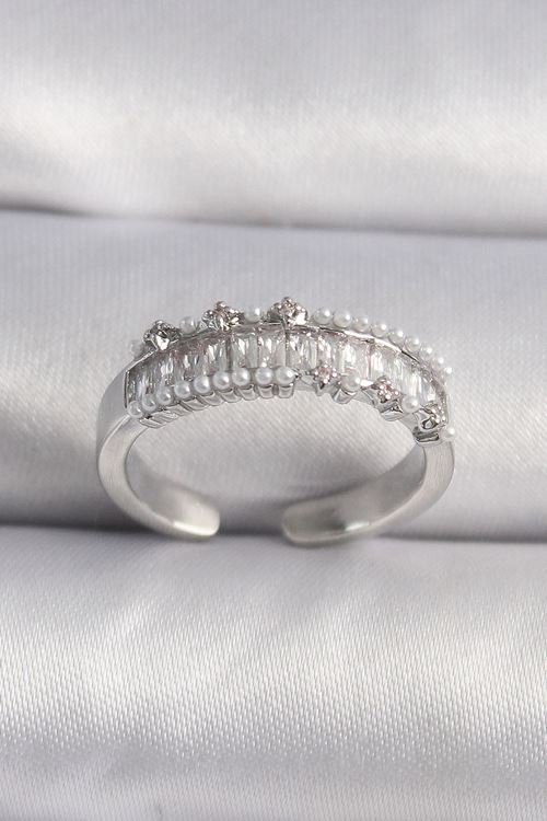 YRTCL Pirinç Gümüş Renk Zirkon Taşlı İnci Detay VIP Seri Kadın Yüzük