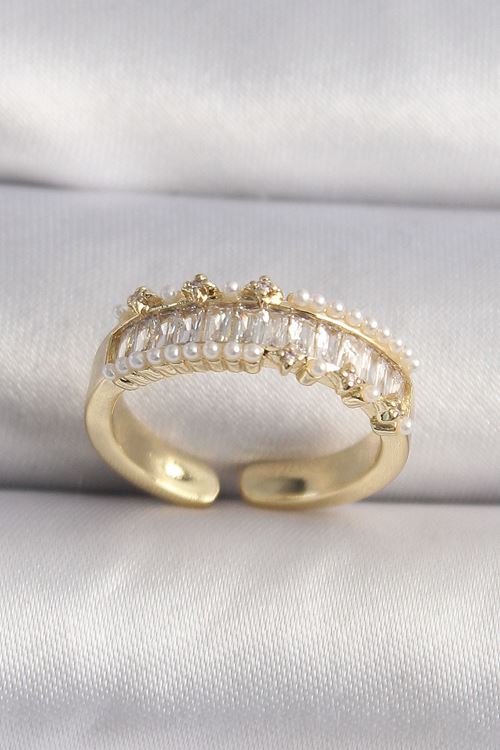 YRTCL Pirinç Gold Renk Zirkon Taşlı İnci Detay VIP Seri Kadın Yüzük