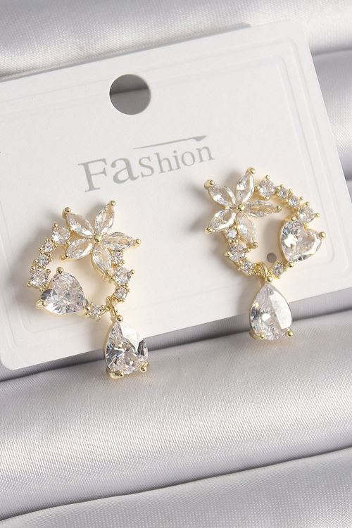 YRTCL Pirinç Gold Renk Zirkon Taşlı Çiçek Model Sallantı Damla Detay Kadın Küpe