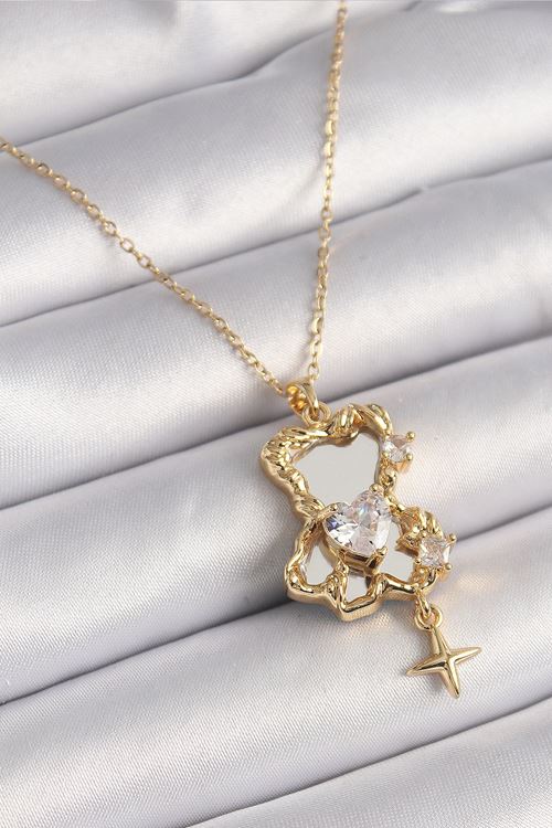 YRTCL 316L Çelik Gold Renk Zincir Ayna Ayıcık Model Zirkon Taşlı Kalp Model Kadın Kolye