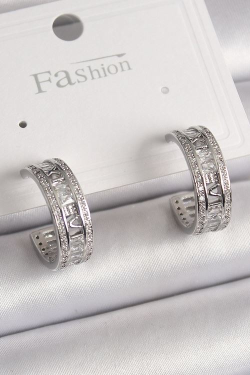 YRTCL Pirinç Gümüş Renk Zirkon Taşlı İşleme Detay Halka Model Kadın Küpe